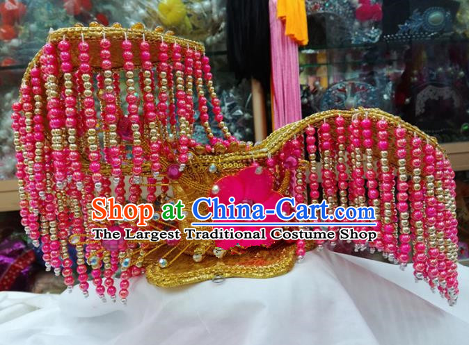 Chinese Traditional Beijing Opera Imperial Consort Head Ornaments Pink Beads Tassel Hat Hair Accessories for Adults
