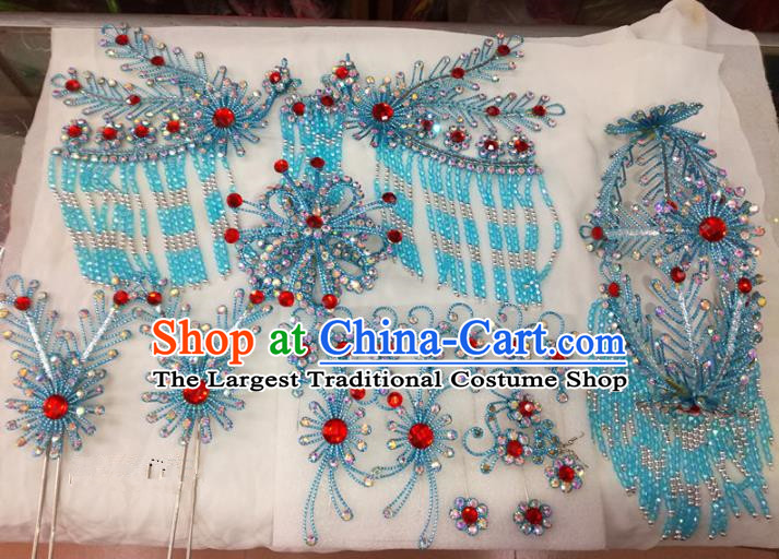 Chinese Traditional Beijing Opera Blue Phoenix Head Ornaments Hairpins Hair Accessories for Adults