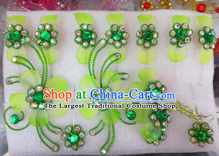 Chinese Traditional Beijing Opera Hair Accessories Peking Opera Princess Green Flowers Hairpins Complete Set for Adults