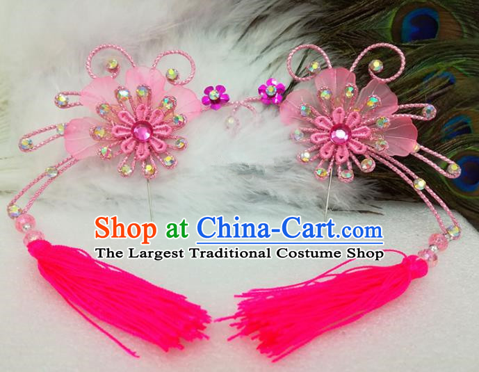 Chinese Traditional Beijing Opera Actress Pink Tassel Flower Hair Clips Hair Accessories Ancient Hairpins for Adults