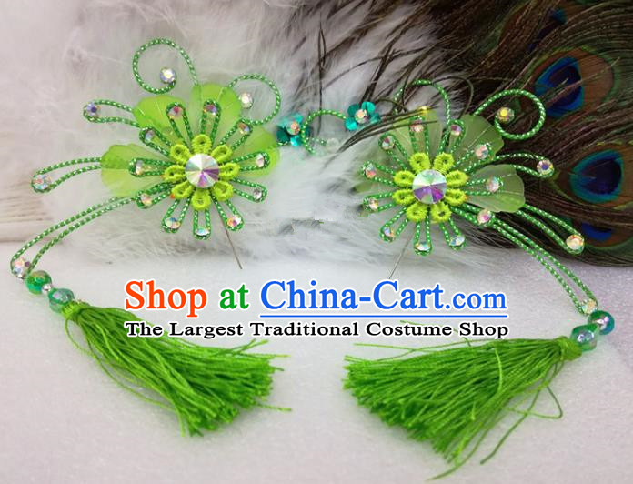 Chinese Traditional Beijing Opera Actress Green Tassel Flower Hair Clips Hair Accessories Ancient Hairpins for Adults