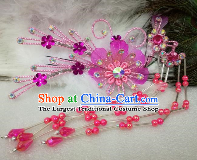 Chinese Traditional Beijing Opera Actress Rosy Flower Hairpins Hair Accessories for Adults