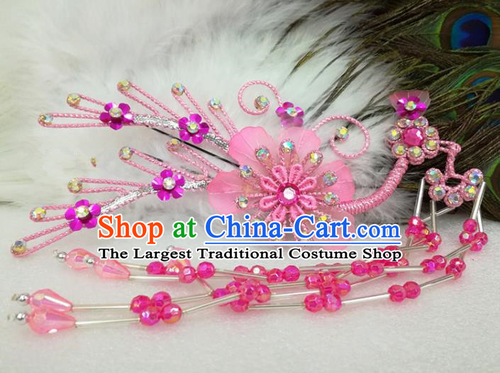 Chinese Traditional Beijing Opera Actress Pink Flower Hairpins Hair Accessories for Adults