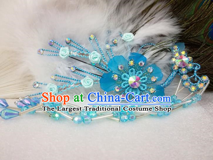 Chinese Traditional Beijing Opera Actress Blue Flower Hairpins Hair Accessories for Adults