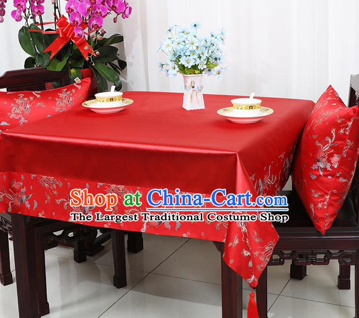 Chinese Traditional Phoenix Peony Pattern Red Brocade Table Cloth Classical Satin Household Ornament Desk Cover