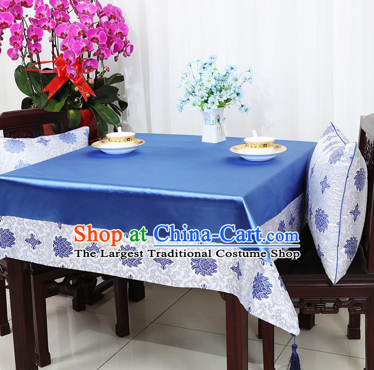Chinese Traditional Lotus Pattern Blue Brocade Table Cloth Classical Satin Household Ornament Desk Cover