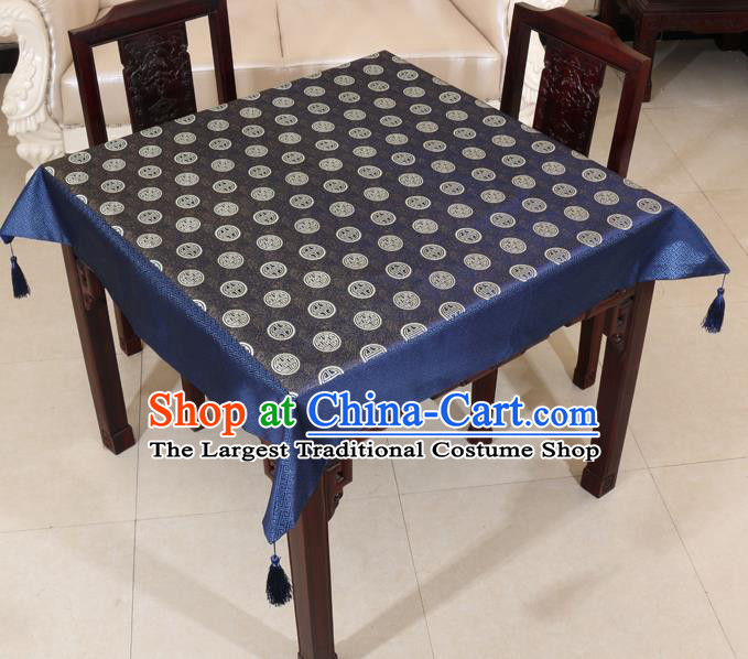 Chinese Traditional Longevity Pattern Navy Brocade Desk Cloth Classical Satin Household Ornament Table Cover