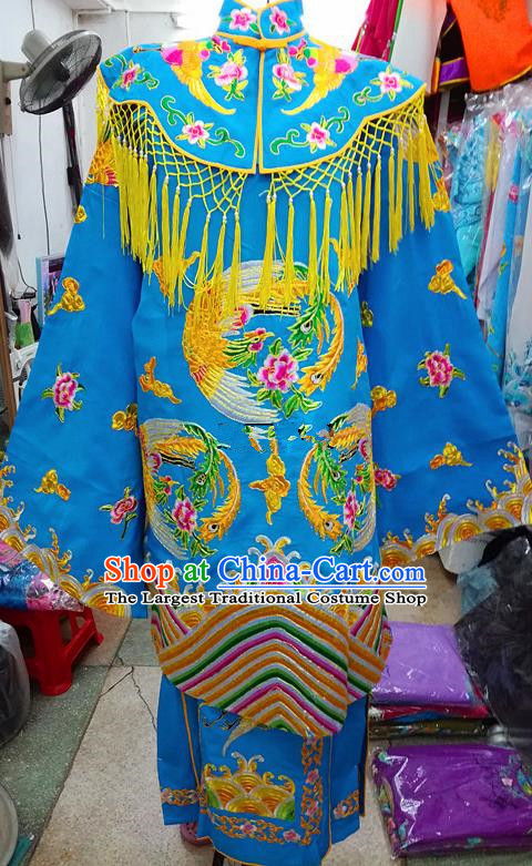Chinese Traditional Beijing Opera Empress Blue Embroidered Dress Peking Opera Actress Costume for Adults