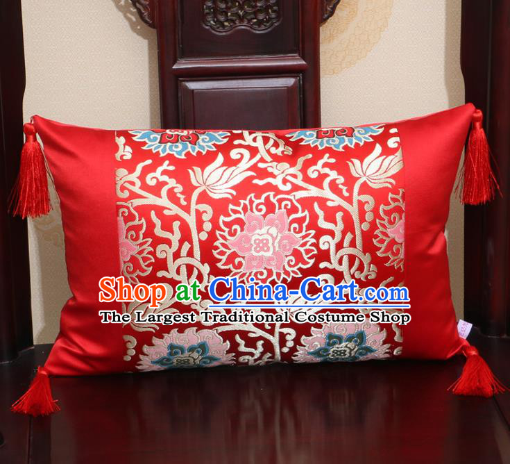 Chinese Traditional Lotus Pattern Red Brocade Back Cushion Cover Classical Household Ornament