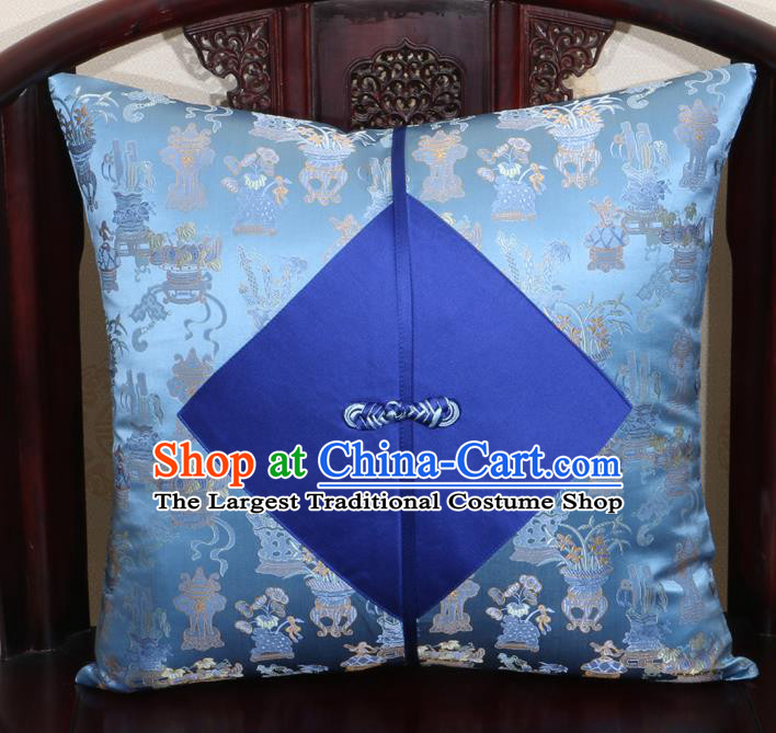 Chinese Classical Orchid Pattern Blue Brocade Pipa Button Back Cushion Cover Traditional Household Ornament