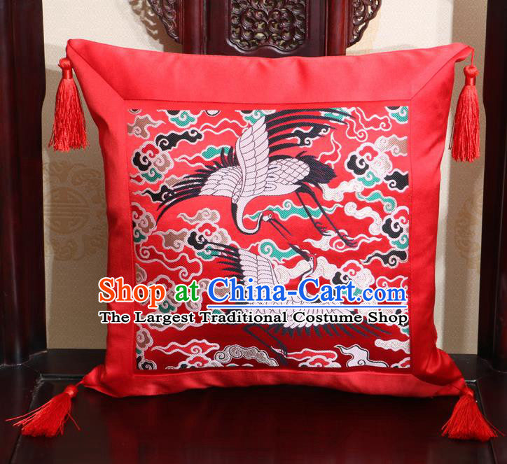 Chinese Classical Cranes Pattern Red Brocade Square Cushion Cover Traditional Household Ornament