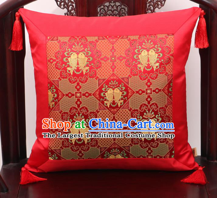 Chinese Classical Double Fishes Pattern Red Brocade Square Cushion Cover Traditional Household Ornament