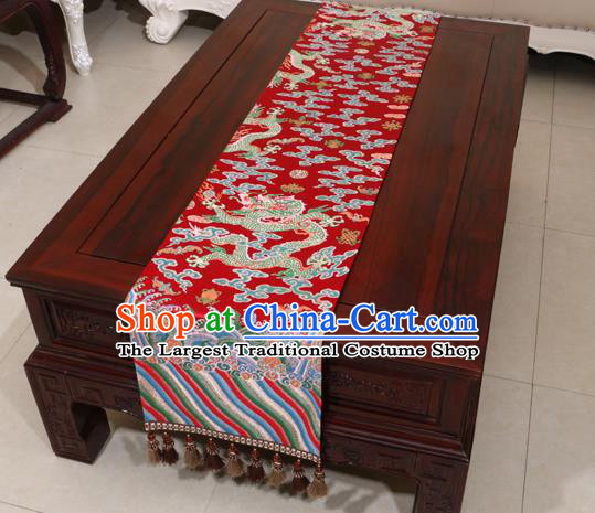 Chinese Traditional Dragon Pattern Red Brocade Table Flag Classical Satin Household Ornament Table Cover