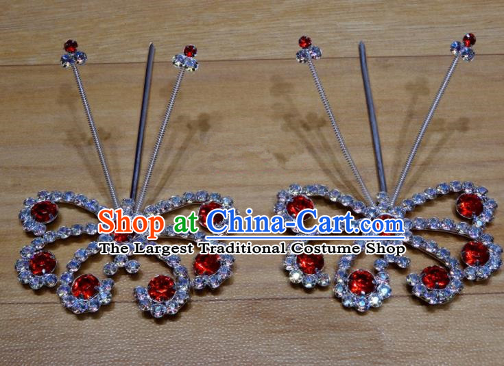 Chinese Traditional Beijing Opera Diva Red Crystal Butterfly Hairpins Princess Hair Accessories for Adults