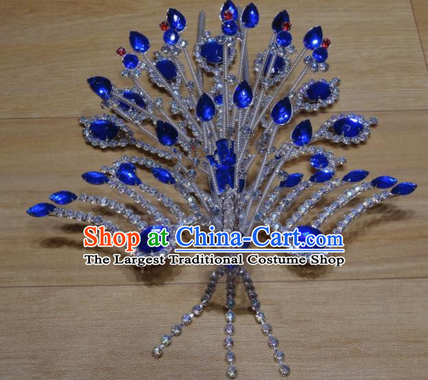 Chinese Traditional Beijing Opera Phoenix Hairpins Princess Royalblue Crystal Hair Accessories for Adults