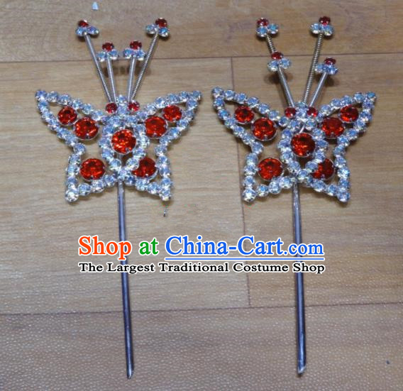 Chinese Traditional Beijing Opera Butterfly Hairpins Princess Red Crystal Hair Accessories for Adults