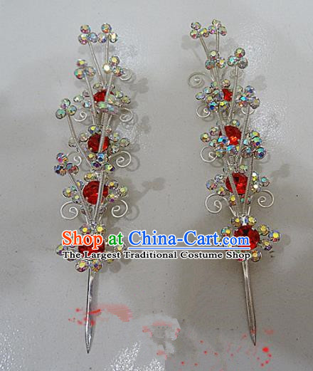 Chinese Traditional Beijing Opera Red Crystal Hairpins Princess Hair Accessories for Adults