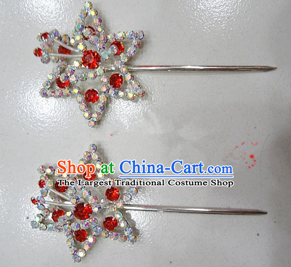 Chinese Traditional Beijing Opera Diva Red Crystal Hexagon Hairpins Princess Hair Clip Hair Accessories for Adults