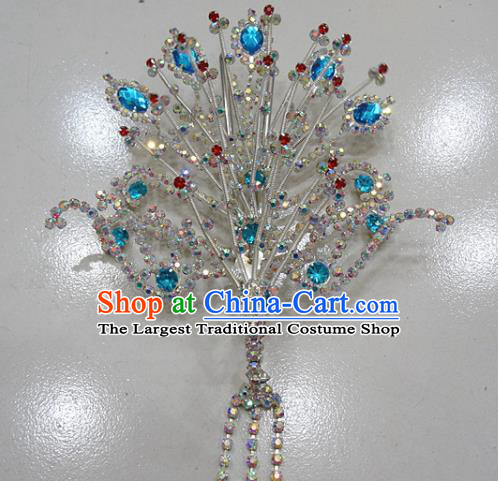 Chinese Traditional Beijing Opera Queen Phoenix Hairpins Princess Blue Crystal Tassel Hair Clip for Adults