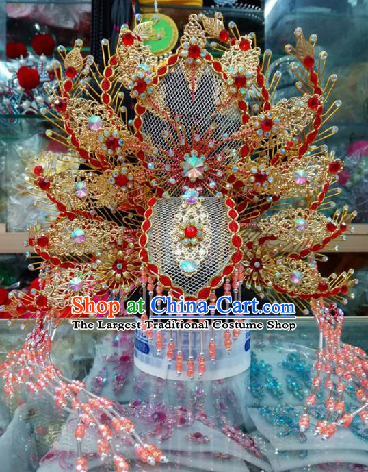 Chinese Traditional Beijing Opera Red Phoenix Coronet Queen Hair Accessories for Adults
