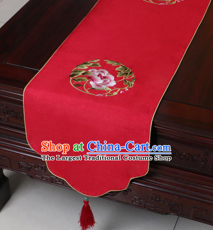 Chinese Traditional Embroidered Peony Red Brocade Table Cloth Classical Satin Household Ornament Table Flag