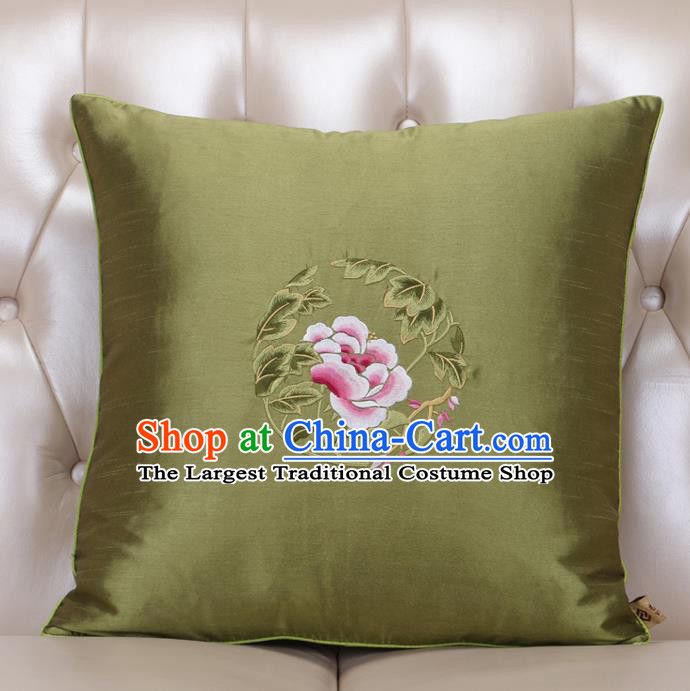 Chinese Traditional Embroidered Peony Olive Green Brocade Back Cushion Cover Classical Household Ornament