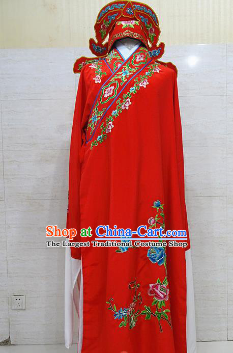 Professional Chinese Beijing Opera Niche Embroidered Peony Red Robe Traditional Peking Opera Scholar Costume for Adults