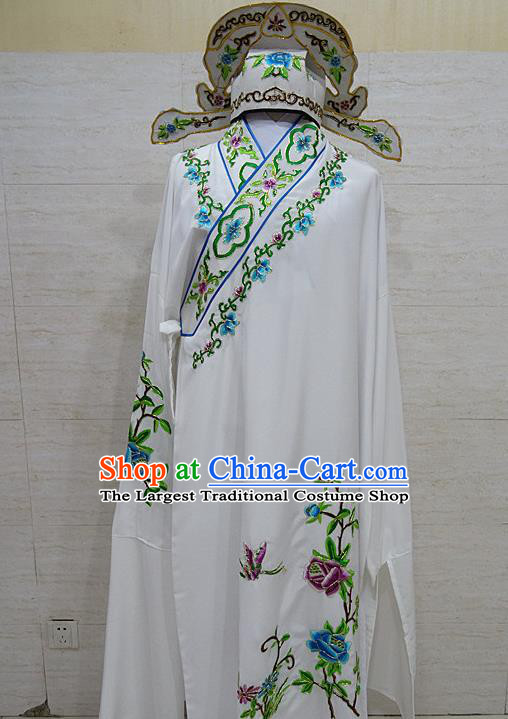Professional Chinese Beijing Opera Niche Embroidered Peony White Robe Traditional Peking Opera Scholar Costume for Adults