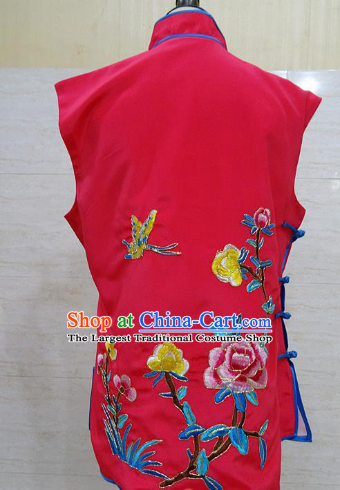 Chinese Traditional Beijing Opera Embroidered Peony Rosy Waistcoat Peking Opera Maidservants Costume for Adults