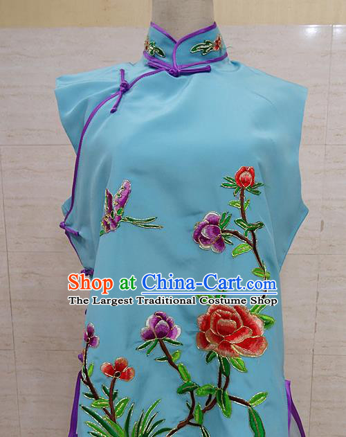 Chinese Traditional Beijing Opera Embroidered Peony Blue Waistcoat Peking Opera Maidservants Costume for Adults