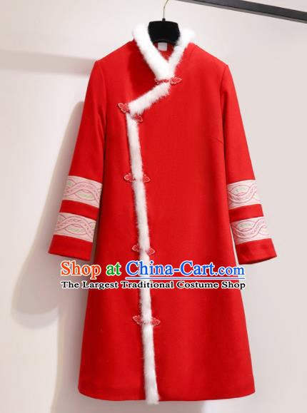 Chinese Traditional Costume Tang Suit Red Wool Coat Cheongsam Upper Outer Garment for Women