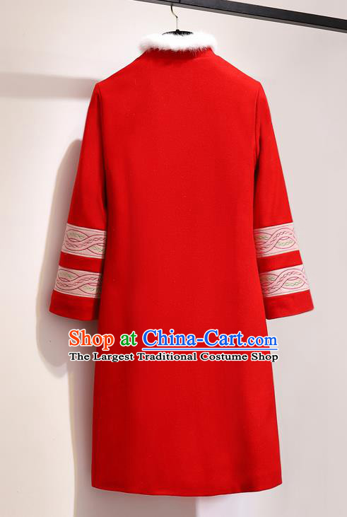 Chinese Traditional Costume Tang Suit Red Wool Coat Cheongsam Upper Outer Garment for Women