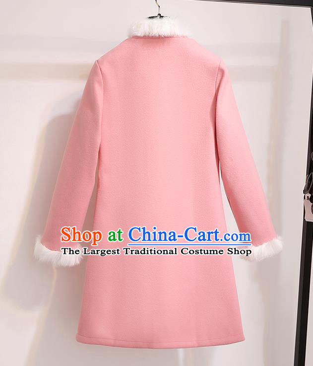 Chinese Traditional Costume Tang Suit Pink Dust Coat Cheongsam Upper Outer Garment for Women