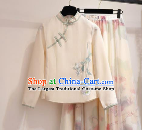 Chinese Traditional Costume Tang Suit Qipao Beige Blouse Cheongsam Upper Outer Garment for Women