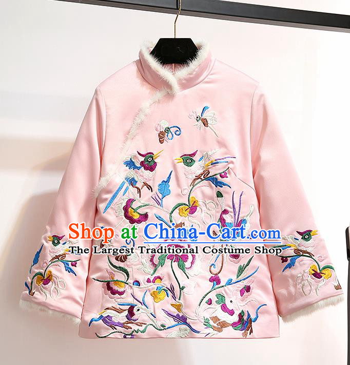 Chinese Traditional Costume Tang Suit Embroidered Peony Pink Qipao Blouse Cheongsam Upper Outer Garment for Women