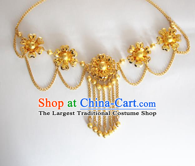Chinese Traditional Wedding Hair Accessories Ancient Princess Golden Flowers Eyebrows Pendant Frontlet for Women