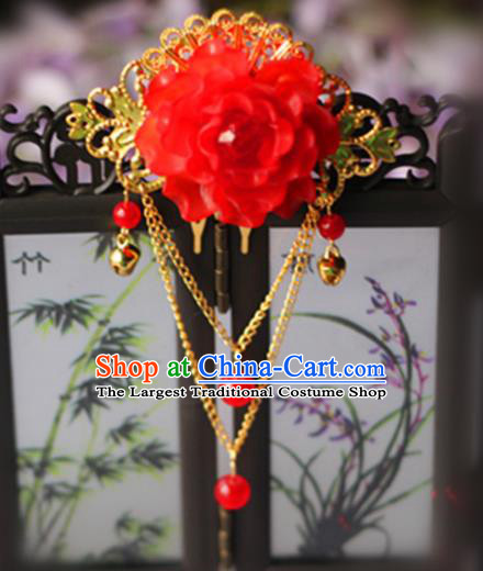 Chinese Traditional Hair Accessories Wedding Red Peony Tassel Hair Comb for Women