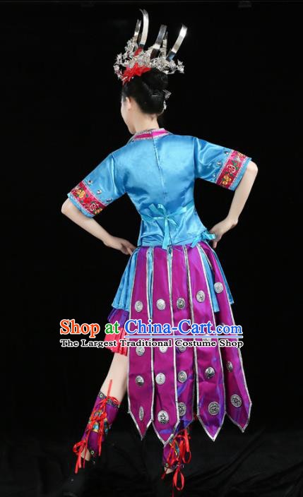 Chinese Traditional Yi Nationality Costume Ethnic Folk Dance Blue Pleated Skirt for Women