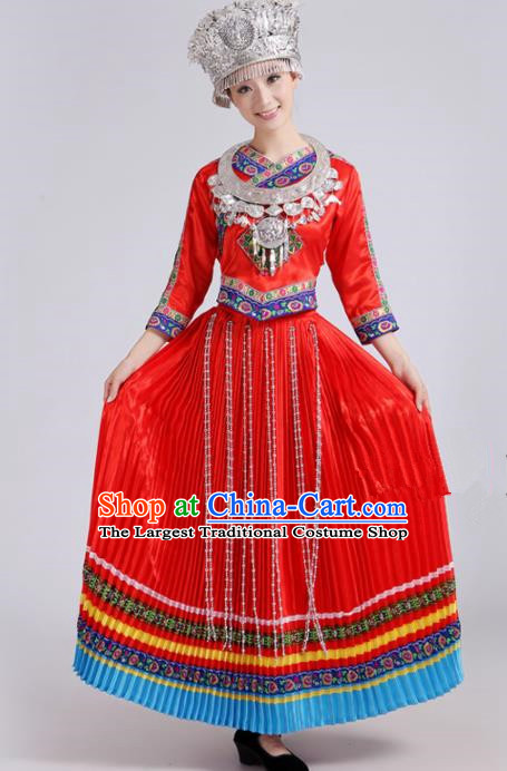 Chinese Traditional Miao Nationality Female Costume Hmong Ethnic Folk Dance Red Pleated Skirt for Women