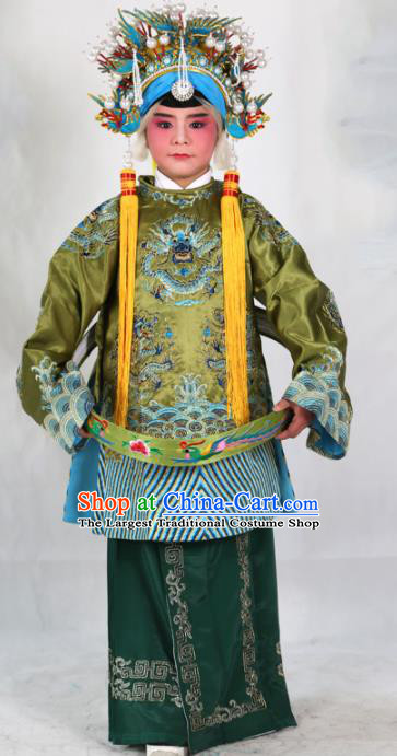 Traditional Chinese Beijing Opera Children Costume Peking Opera Pantaloon Green Embroidered Robe for Kids