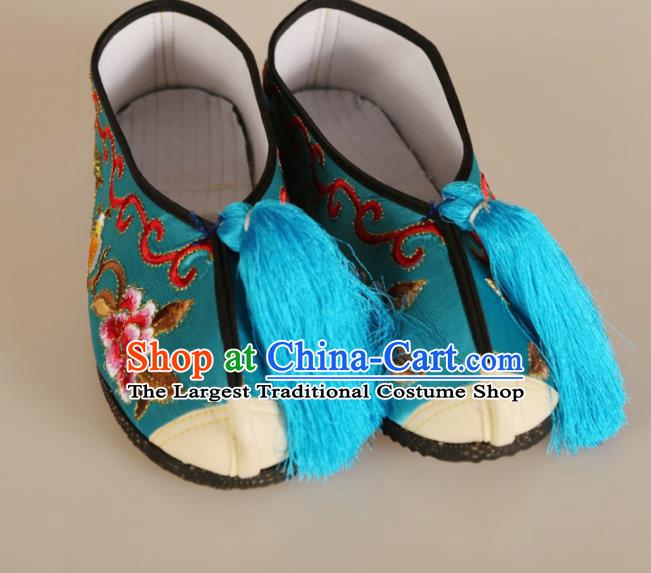 Asian Chinese Beijing Opera Shoes Blue Embroidered Shoes Traditional Peking Opera Diva Shoes