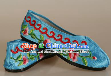 Asian Chinese Beijing Opera Shoes Embroidered Shoes Traditional Peking Opera Diva Blue Satin Shoes