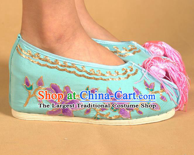 Asian Chinese Beijing Opera Shoes Princess Blue Embroidered Shoes Traditional Peking Opera Diva Shoes