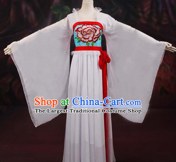 Traditional Chinese Tang Dynasty Court Maid White Embroidered Dress Ancient Peri Historical Costume
