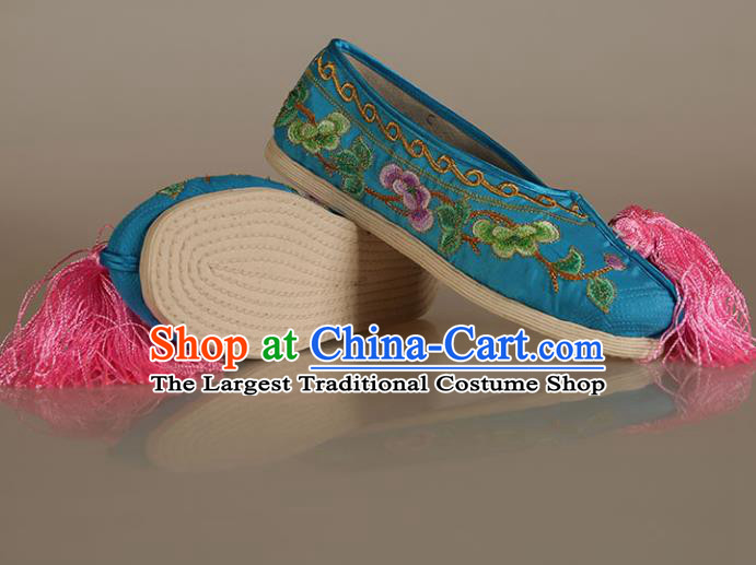 Asian Chinese Beijing Opera Shoes Blue Satin Embroidered Shoes Traditional Peking Opera Diva Shoes