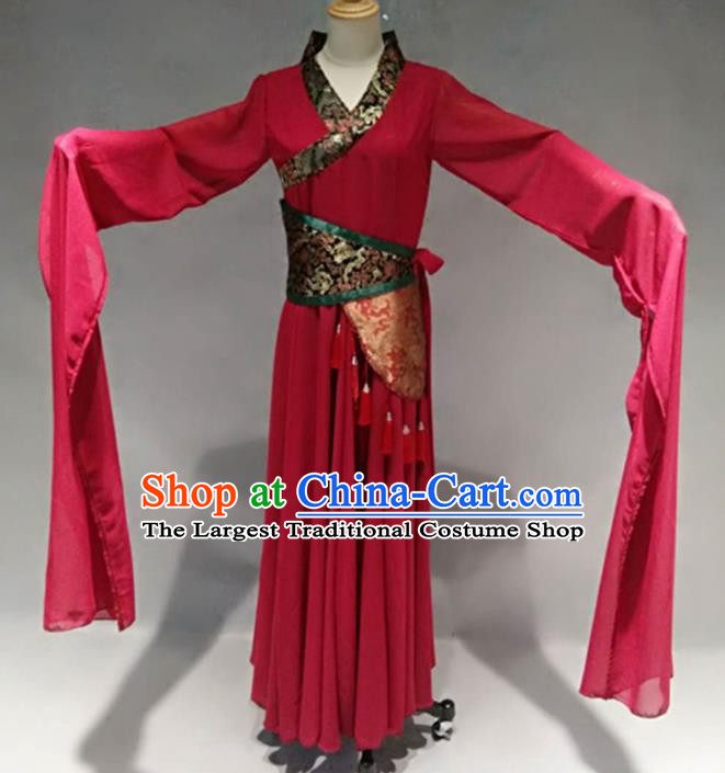 Traditional Chinese Classical Dance Costume Ancient Peri Red Water Sleeve Dress for Women