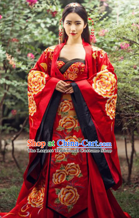 Traditional Chinese Wedding Costume Ancient Imperial Concubine Embroidered Red Hanfu Dress for Women