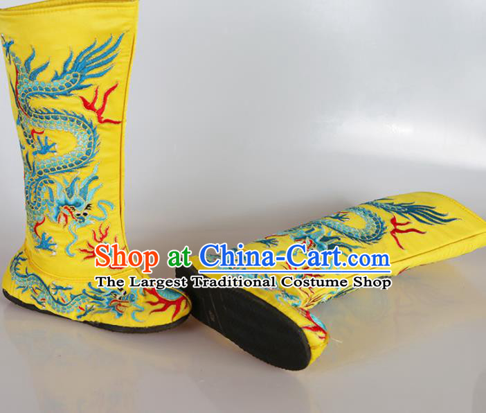 Asian Chinese Beijing Opera Shoes Emperor Yellow Embroidered Boots Traditional Peking Opera Shoes