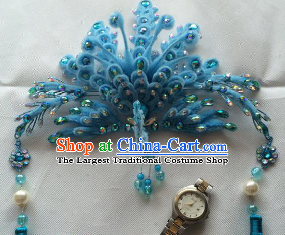Asian Chinese Beijing Opera Hair Accessories Blue Phoenix Coronet Ancient Princess Hairpins for Women