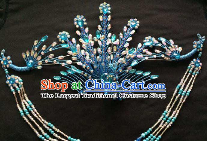 Asian Chinese Beijing Opera Hair Accessories Ancient Queen Blue Phoenix Hairpins for Women